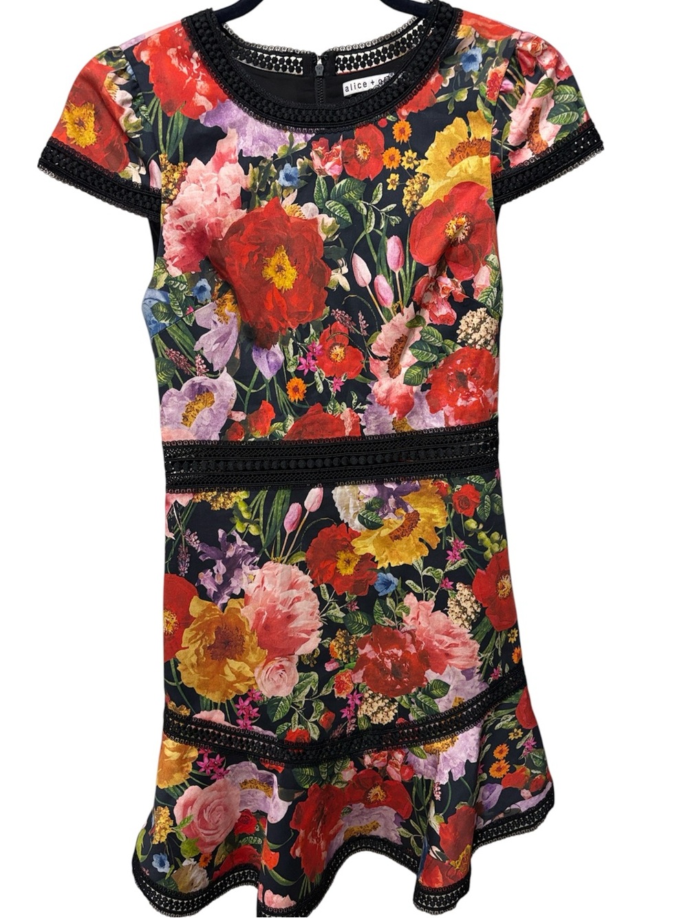 Alice + Olivia Rapunzel Floral Print Lace Trim Fit & Flare Dress Size 2